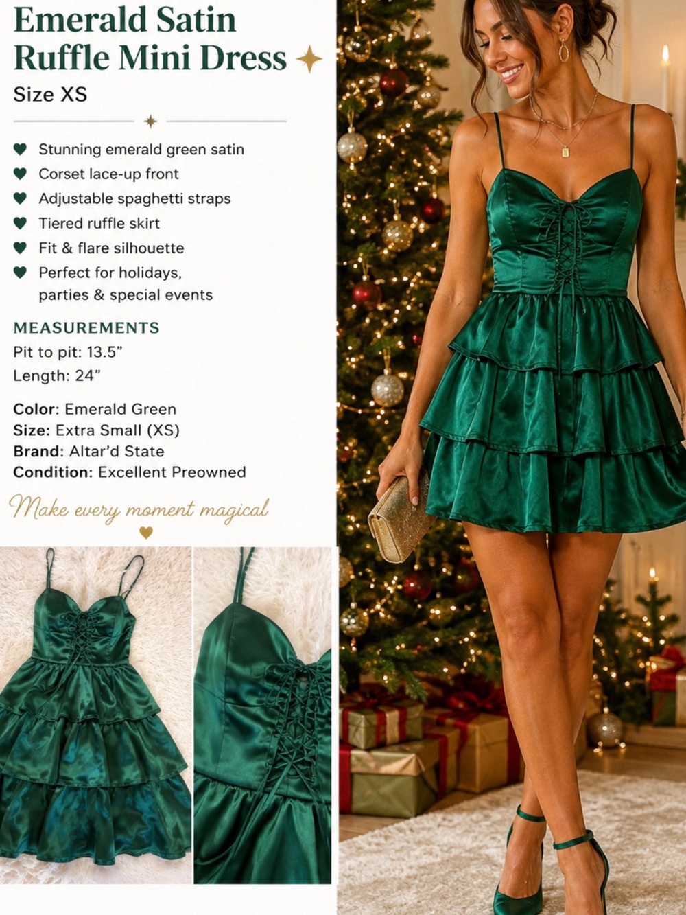 Altar'd State Deep Emerald Satin Tiered Ruffle‎ Mini Dress